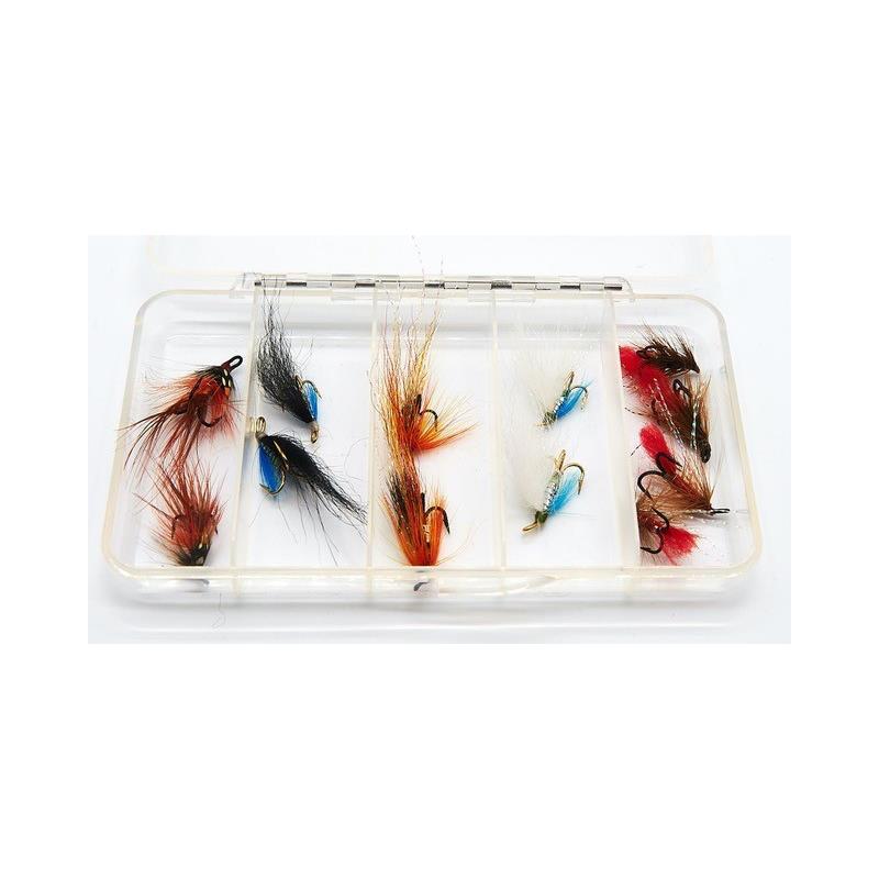 Flueboks med 12 stk. rekeimitasjoner Laksefluer med Partridge treblekroker